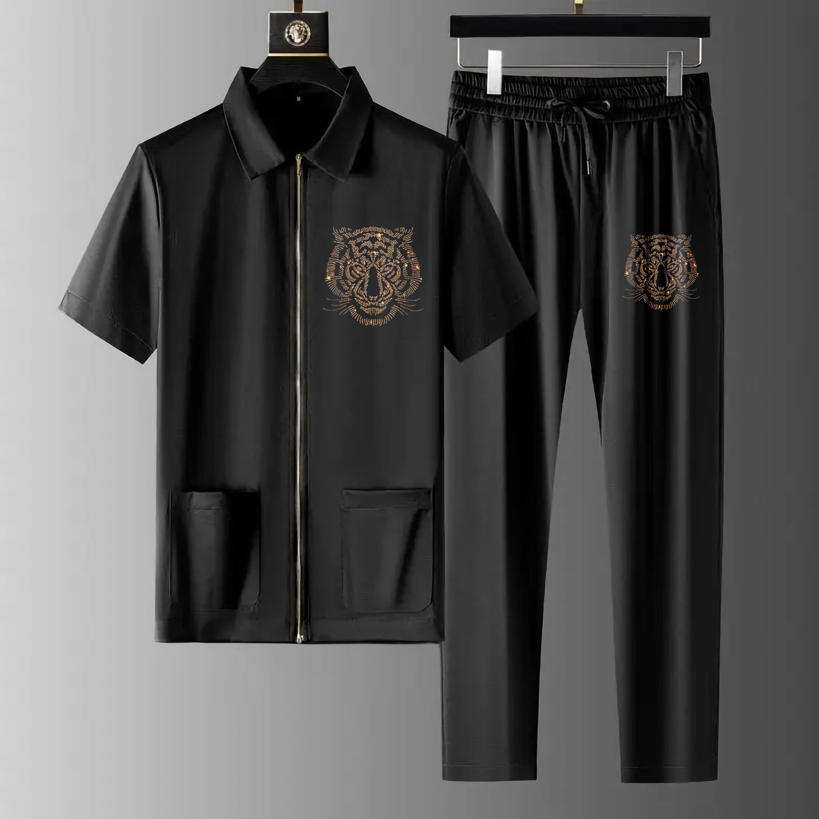 Luxury Men Zipper Rhinestone Co-Ord Set (TIGER 1)